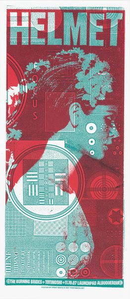Duotone - teal and red overprint. 'Helmet' overthrows the poster which is effective only because the model's attitude appears apprehensive, shy and reserved. The poster is very noisy with a lot of busy elements occurring all over.