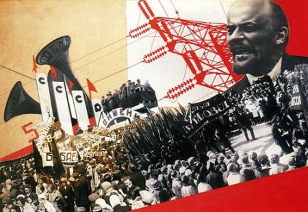 Inside double page spread from "The Results of the First Five-Year Plan" designed by Varvara Stepanova, 1932