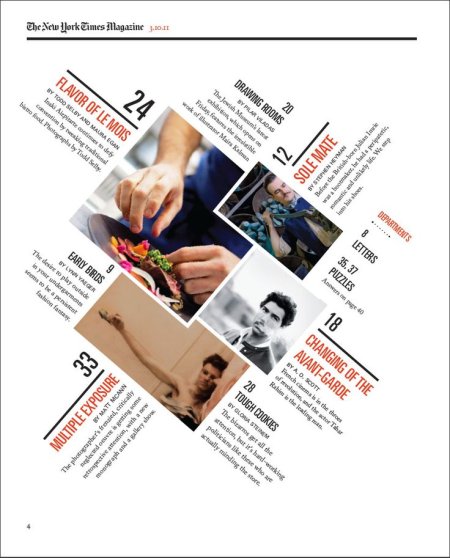 A redesigned New York Times Magazine Table of contents, made as a school project, Hallie Bean