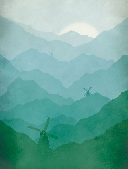 Blue Green Mountains and windmills | Eve Sand via Etsy