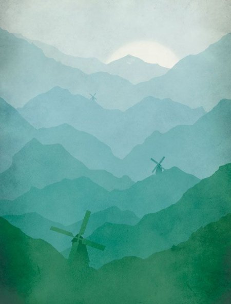 Blue Green Mountains and windmills | Eve Sand via Etsy