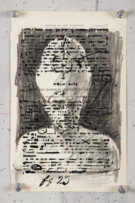 William Kentridge, Carnets d'Egypte: Proprietes des Corps Incandescents, 2010, Charcoal on found page, 23.5 x 24.5cm