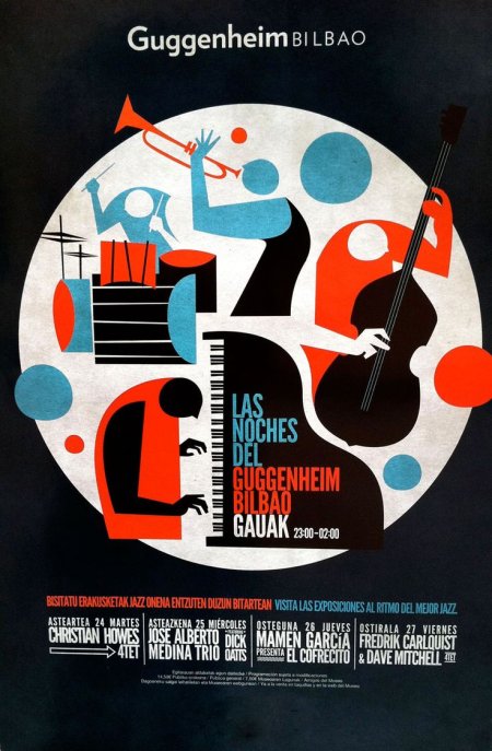 Guggenheim Jazz poster with trumpet. flat, clean, subtle grunge.