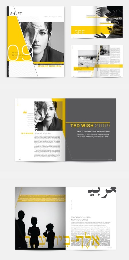 SHIFT PUBLICATION I love overlapping visual elements with the image without destroying it. It adds so much interest. I also think the big section/page number is pretty cool.